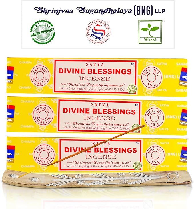 Satya Divine Blessing Incense Sticks, Satya Bng (Bangalore) Insenses 15gmx3 Pack with Raajsee Incense Holder Bundle, Satya Nagchampa Natural Incense