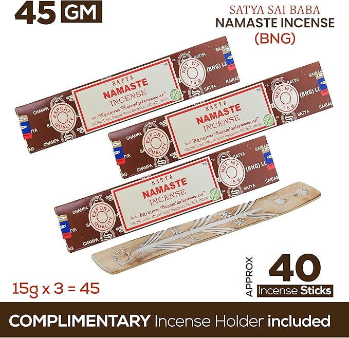 Satya Namaste Incense Sticks, Satya Bng (Bangalore) Insenses 15gmx3 Pack with Raajsee Incense Holder Bundle, Satya Nagchampa Natural Incense