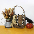 CVHOMEDECO. Wood Beads Garland with Tassels Farmhouse Rustic Wooden Prayer Bead String Wall Hanging Accent for Home Festival Decor. Black Grey Mix Distressed