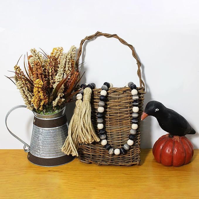 CVHOMEDECO. Wood Beads Garland with Tassels Farmhouse Rustic Wooden Prayer Bead String Wall Hanging Accent for Home Festival Decor. Black Grey Mix Distressed