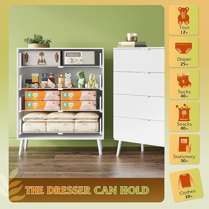 WLIVE 4 Drawer Dresser for Bedroom, White Tall Dresser, Modern Wood Dressers with Sturdy Metal Handle, Small Chest of Drawers for Living Room, Hallway