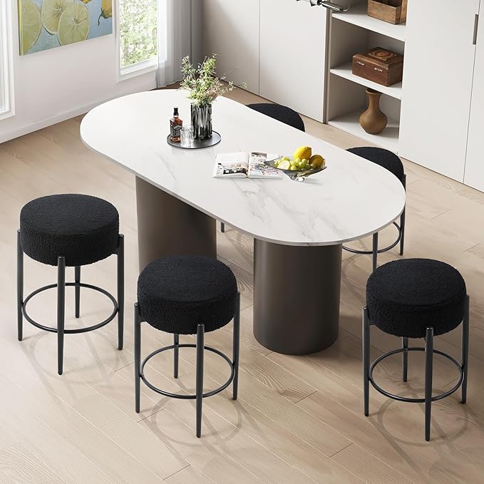 Counter Height Bar Stools, Set of 4, 24" Modern Backless Bar Stools, Ideal for Kitchen Counter, Kitchen Island, Boucle Sherpa Padded Cover, with Round Soft Seat and Foot Rest, Black