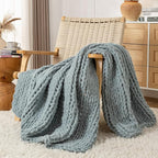 Chunky Knit Blanket Throw, 100% Hand Knit Throw Blanket Handmade Chenille Cable Knit Throw for Couch, Stylish Cozy Soft Rope Knot Crochet Blanket for Home Decor, Chambray Blue, 50x60 Inches