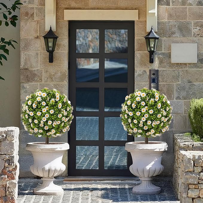 25" Artificial Boxwood Topiary Ball Trees with Daisy Flowers, Set of 2 UV Resistant No Fade Outdoor Faux Plants with Ground Spike, Fake Shrubs for Garden, Patio, Porch, Yard, Indoor Decor