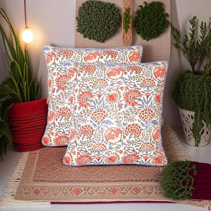 Ridhi Hand Block Print Flamingo Pink Decorative Outdoor Couch Throw Canvas Pillow Cover Set of 2 16x16 Washable Modern Vintage Boho Chic Spring Home Déco Cover