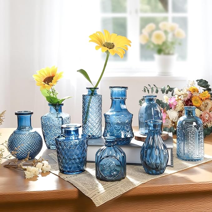 Blue Bud Vases in Bulk 24, Vintage Small Vases for Flowers, Mini Glass Vase for Centerpieces, Wedding Table Decoration, Party Event, Decorative Vase Set for Home Decor, Baby Shower, Office