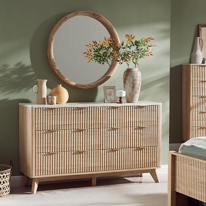 T4TREAM Fluted 6 Drawers Dresser, 54" Wide Modern Chest of Drawers with Faux Marble Top, Curved Profile Design, Dresser TV Stand, Wood Drawer Organizer for Bedroom, Living Room, Hallway, Natural Oak