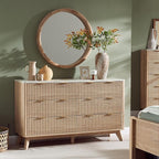 T4TREAM Fluted 6 Drawers Dresser, 54" Wide Modern Chest of Drawers with Faux Marble Top, Curved Profile Design, Dresser TV Stand, Wood Drawer Organizer for Bedroom, Living Room, Hallway, Natural Oak