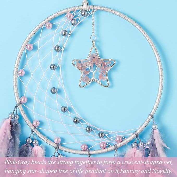 Dreamlike Moon Dream Catchers Wall Decor Crescent Dream Catcher with Crystal Stone Star Shaped Tree of Life Pendant Handmade Pink Feather Dreamcatchers Wall Hanging for Girls Bedroom Wedding Gift