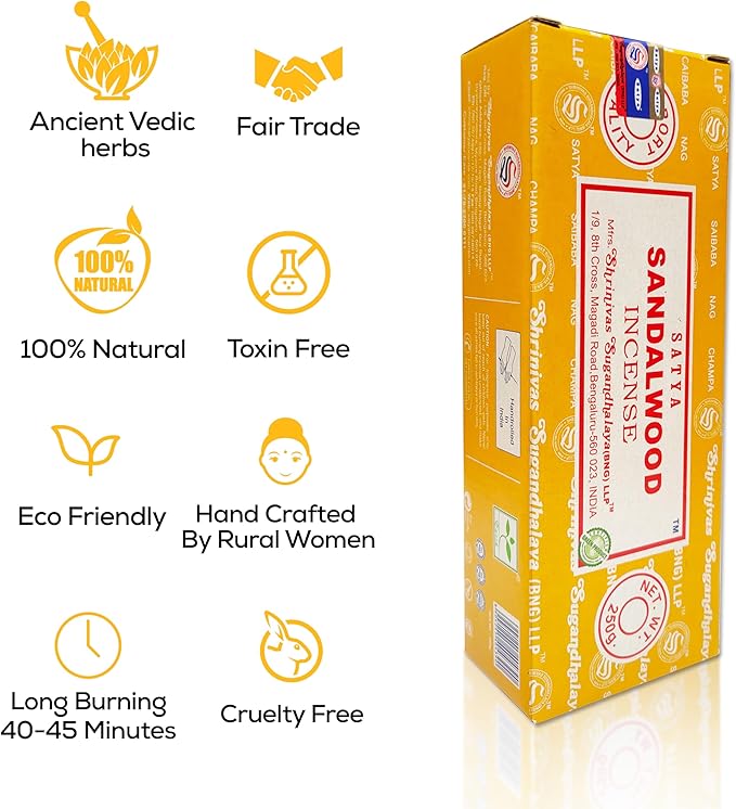 Satya Sandalwood Incense Sticks 250 gm Pack, Nagchampa Scent, Includes Raajsee Incense Holder