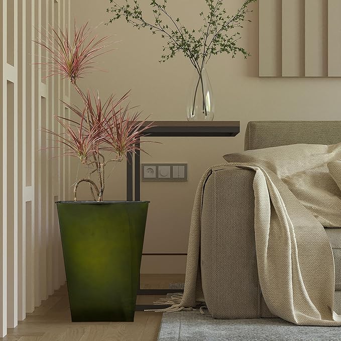 KOL 18''H. Bright Glazed Planter with Drainage Hole, Set of 2, Galvanized Steel Planter Pots for Indoor & Outdoor Use, Decorative Flower Plant Pots for Front Porch, Patio, Deck - Green