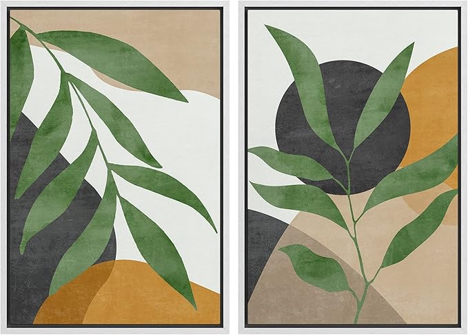 SIGNFORD Framed Canvas Print Wall Art Set Geometric Mid-Century Plant Collage Abstract Shapes Illustration Modern Art Decorative Nordic Nature for Living Room, Bedroom, Office - 24"x36"x2 White