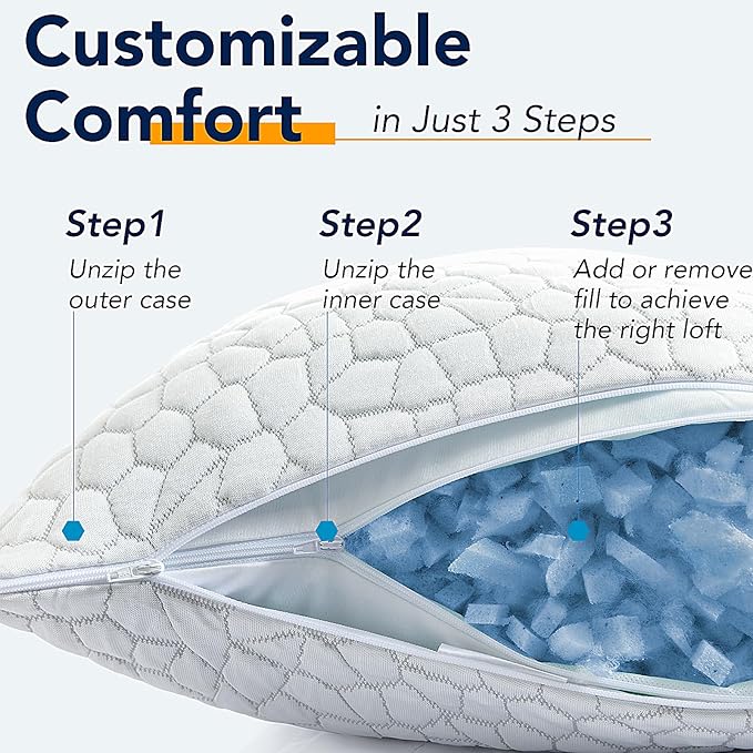 QUTOOL Cooling Pillows for Sleeping Shredded Memory Foam Pillows 1 Pack, Gel Bed Pillow for Hot Sleepers, Soft and Supportive, Adjustable Pillow for Side, Back Sleepers, Gifts for boyfriend, Women Men