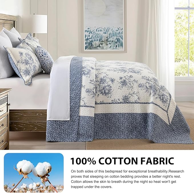 DDUOXIN Botanical Oversized King Bedspread - 120" W x120 L Extra Wide 100% Cotton California Quilt, Lightweight Reversible Oversize Bedspreads with 2 Pillow Shams, Blue/Cream