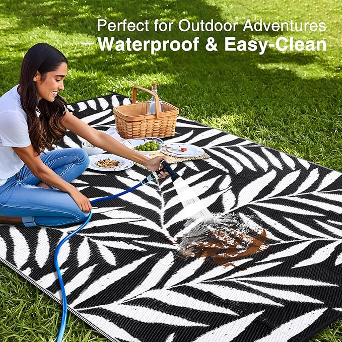 OLANLY Waterproof Outdoor Rug 8x10 ft, Reversible Outdoor Plastic Straw Rug with Leaf Pattern, RV Mat, Indoor Outdoor Carpet for Patio, Camping, Balcony, Deck, Backyard, Black & White