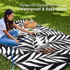 OLANLY Waterproof Outdoor Rug 8x10 ft, Reversible Outdoor Plastic Straw Rug with Leaf Pattern, RV Mat, Indoor Outdoor Carpet for Patio, Camping, Balcony, Deck, Backyard, Black & White