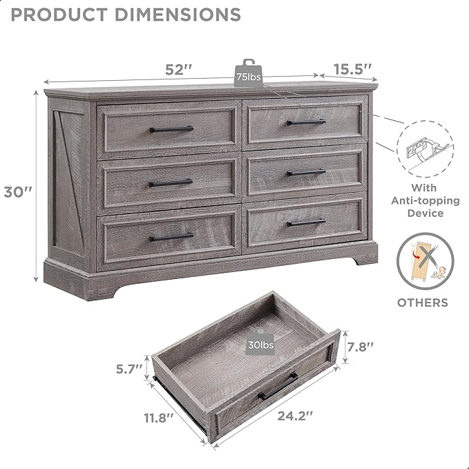 ACCOHOHO Farmhouse 6 Drawer Dresser for Bedroom, 52 Inch Wide Modern Dresser TV Stand with Large Drawers & Bar Handles, Rustic Wood Chest of Drawers for Bedroom, Living Room, Hallway, Grey