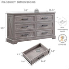 ACCOHOHO Farmhouse 6 Drawer Dresser for Bedroom, 52 Inch Wide Modern Dresser TV Stand with Large Drawers & Bar Handles, Rustic Wood Chest of Drawers for Bedroom, Living Room, Hallway, Grey