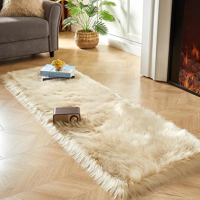 AMTOVO Faux Fur Rug, Beige Ultra Soft Fluffy Shag Sheepskin Rug, 2 x 6 ft Runner Area Rugs for Bedroom Sofa Throw Cushion Room Decor, Rectangle