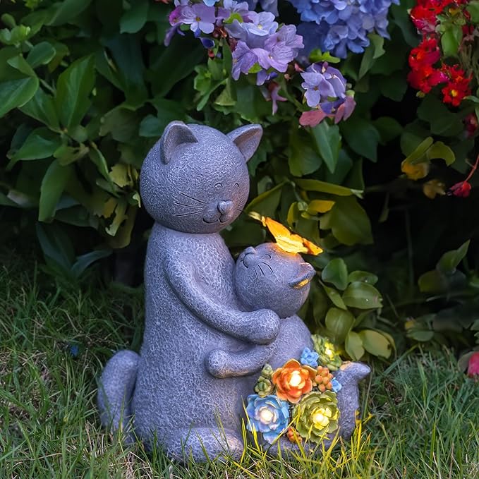 Solar Garden Statues Loving Cat Figurine Lights for Outside, Yard Decorations Outdoor, Garden Decor Unique Mothers Day Birthday Housewarming Gifts for Mom, Women
