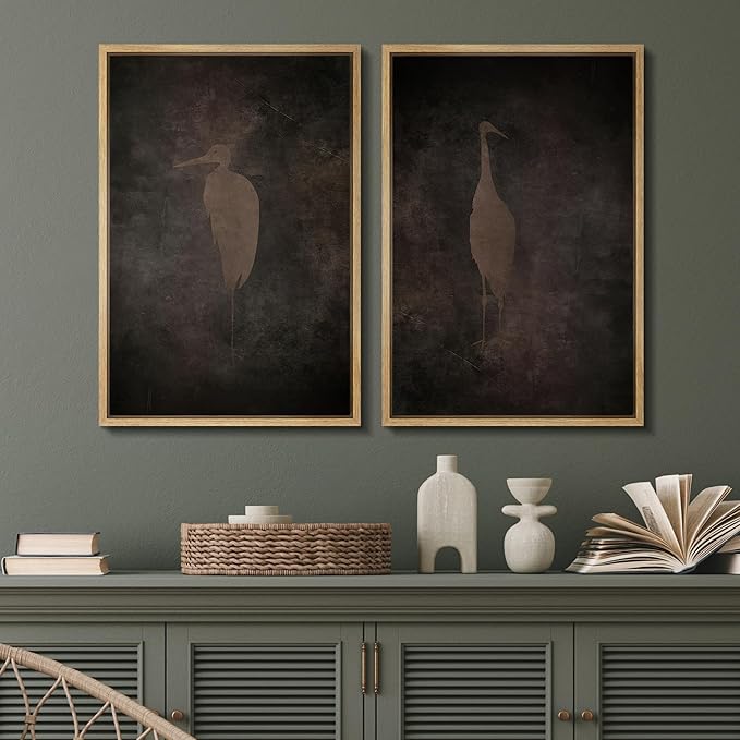 SIGNFORD Framed Canvas Print Wall Art Set Abstract Crane Silhouettes Vintage Dark Tones Illustration Modern Art Decorative Nordic Nature for Living Room, Bedroom, Office - 16"x24"x2 Natural