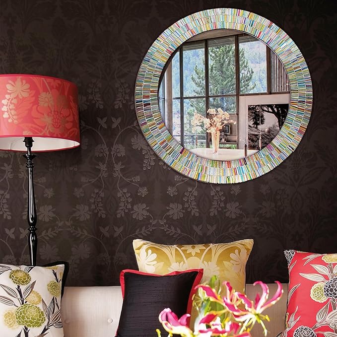 Bohemian Rainbow Wall Mirror -Glass Mosaic Mirror Decorative Wall Mirror, Multi Color Spectrum Wall Mountable, 24" Multi-Color Round Framed Mirror