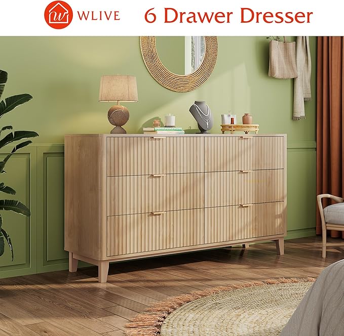 WLIVE Fluted Dresser for Bedroom with 6 Drawers, 54" Wide Wood Dresser with Metal Handles, TV Stand for 65 inch TV, Mid Century Modern Chest of Drawers for Living Room, Hallway, Closet, Natural Oak