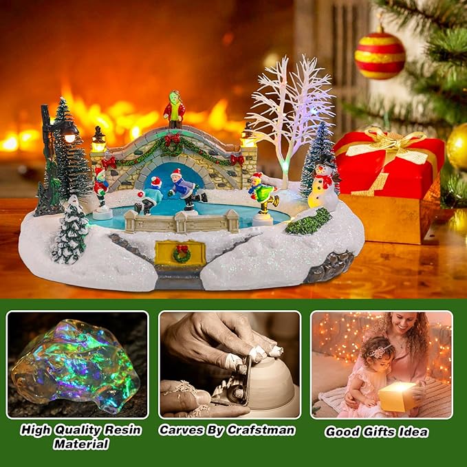 Vigdur Christmas Snow Village - Animated Christmas Village Skating Pond with Colorful Lights & 8 Xmas Music, Rotating Skier, USB&Battery Powered Christma Collectible Buildings for Home