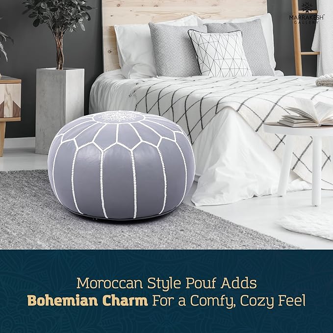Marrakesh Gallery Genuine Leather Round Pouf Unstuffed - Moroccan Ottoman Footstool, Footrest Cover - Boho Decor - Bohemian Living Room, Bedroom, Kids Room, Gift & Wedding