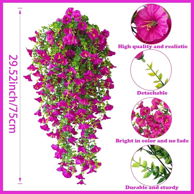 Artificial Hanging Flowers – 4 Pack UV Resistant Fake Morning Glory Vine Faux Plants for Porch, Patio, Balcony, Garden, Indoor & Outdoor Decor (Hot Pink)