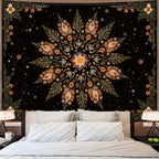 Fowocu Boho Floral Mandala Tapestry for Bedroom Aesthetic Vintage Bohemian Flower Wall Tapestry Black Green Hippie Indian Extra Large Tapestries Wall Hanging for Living Room Dorm Decor 90 x 68 Inch