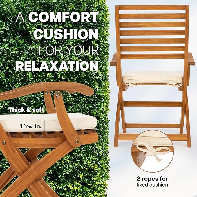 IDZO, Percy Chairs Heavy Duty 400lbs Capacity Set of 2 w/Cushion, FSC Acacia Outdoor Furniture, Teak Finish, Fully Assembled, Wood Folding_Beige