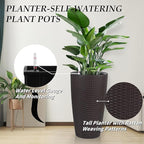 2Pack 22" High Modern Plant Pots Planter-Self-Watering Indoor/Outdoor Planting with Drain Holes, Water Level Monitor, Inner Bucket for Front Porch Patio, Brown Rattan Conical