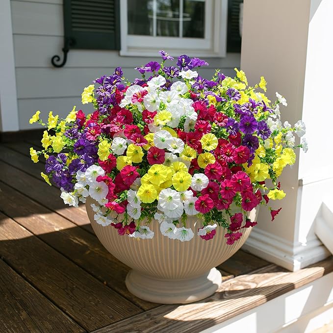 HyeFlora Artificial Flowers for Outdoors Fake Plants Outside Decoration, 12 Bundles Silk Colorful Morning Glory with Eucalyptus UV Resistant Realistic Faux Flowers for Planter Front Door Garden Yard