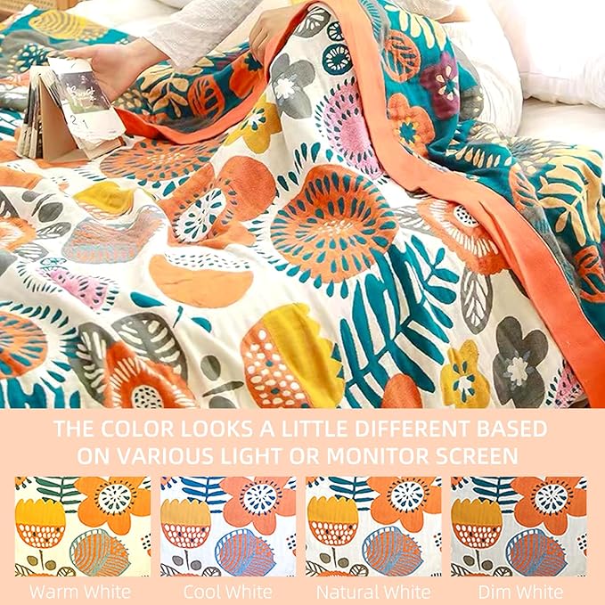 Boho Throw Blanket for Bed - 100% Pure Cotton Ultra Soft Rustic Quilt - Farmhouse Decor Bed Blankets, All Season Rustic Throw for Sofa Couch Chair(80''x 90'', Floral Print 2)