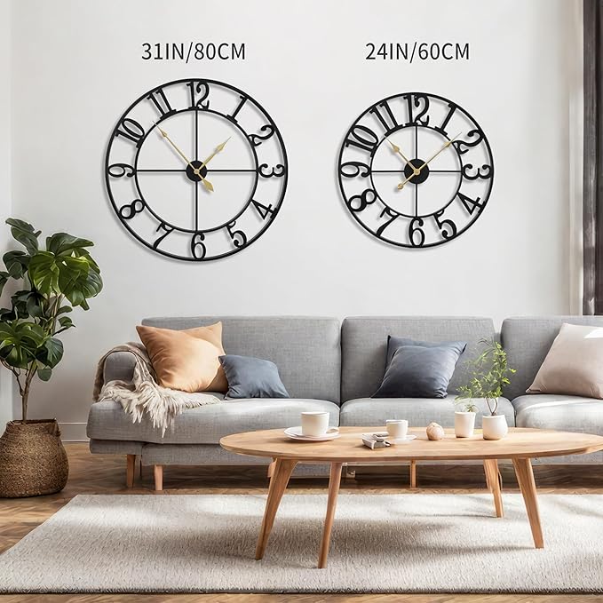 LEIKE Extra Large Wall Clocks,Silent Little Ticking,Battery Operated Vintage Round Modern Metal Wall Clock for Living Room, Bedroom,Farmhouse,Office Home Decor-32 Inch(Black-Arabic Number)