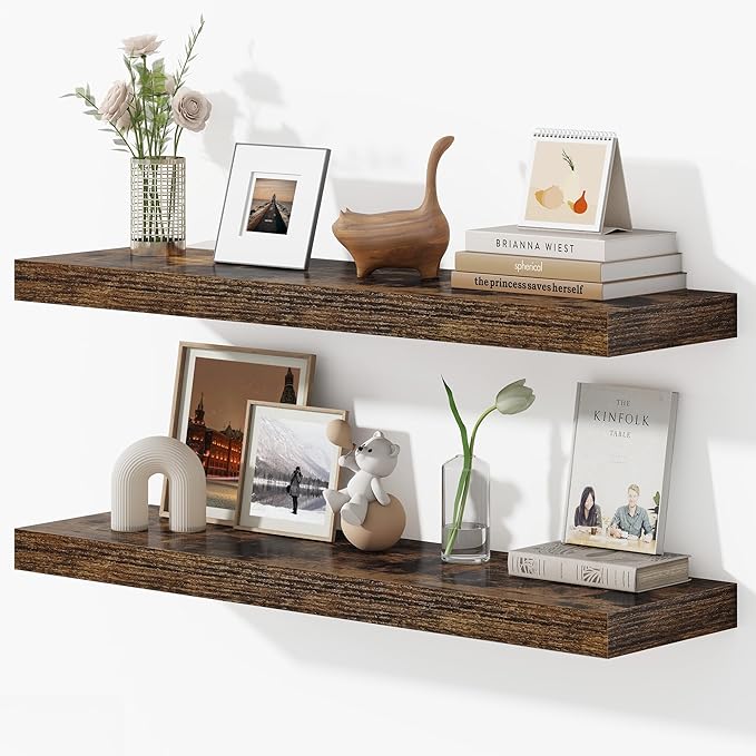 36 Inches Floating Shelves for Wall, 9.3" Deep Long Floating Shelves Set of 2, Large Display & Storage Shelf, Wall Shelf for Bathroom Bedroom Living Room Kitchen Office, Rustic Brown