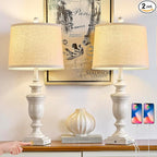 27.5" Set of 2 Farmhouse Table Lamps for Bedroom, 3 Way Dimmable Bedside Lamp with 2 USB +AC Outlet Nightstand Lamps for Living Room Resin Rustic Touch Lamps (Antique Beige)