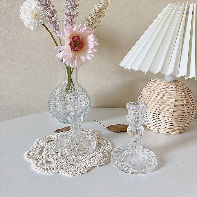 6 Pack Glass Taper Candlestick Holders, Clear Candlestick Holders, 4" H Crystal Candle Holders Decorative Candle Stand Centerpiece for Wedding, Festival, Dinning Party Table Decor