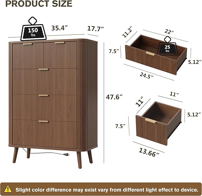 Alohappy Fluted 5 Drawers Dresser for Bedroom, 48" Tall Mid Century Modern Chest of Drawers with Curved Profile Design, Wood Storage Dressers for Closet Bedroom, Living Room, Hallway, Entryway