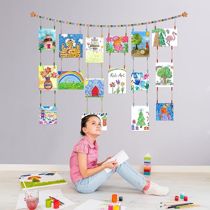 Kids Artwork Display Art Wall Decor 4.93ft Boho Wooden Beaded Garland Collage Holder with Hanging Rings Wooden Stars Hook 40 Wood Clips for Kids Artwork Photo Room Bedroom Decor Colorful