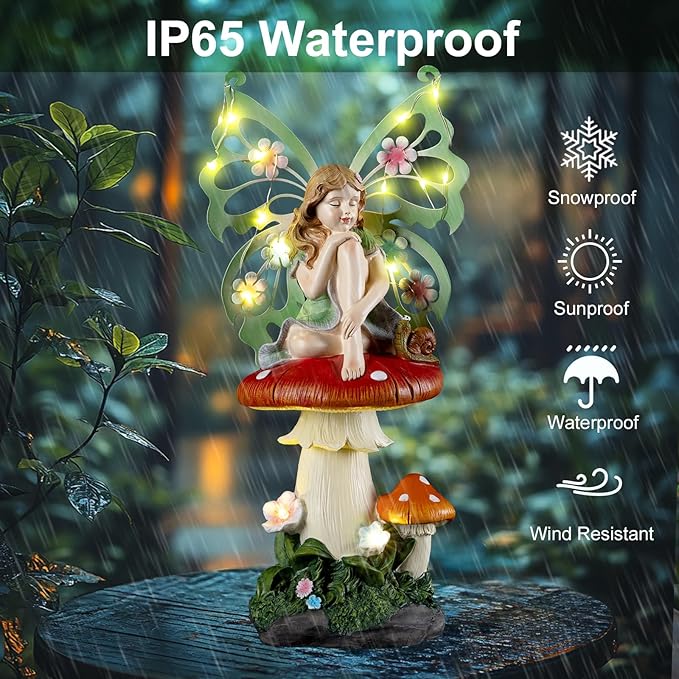 Solar Fairy Garden Decor Flower Fairies Mushroom Figurines with Snail Decor Gifts for Women Mom Miniature Fairy Figurine for Lawn Garden Patio Yard Decorations Outdoor Statue
