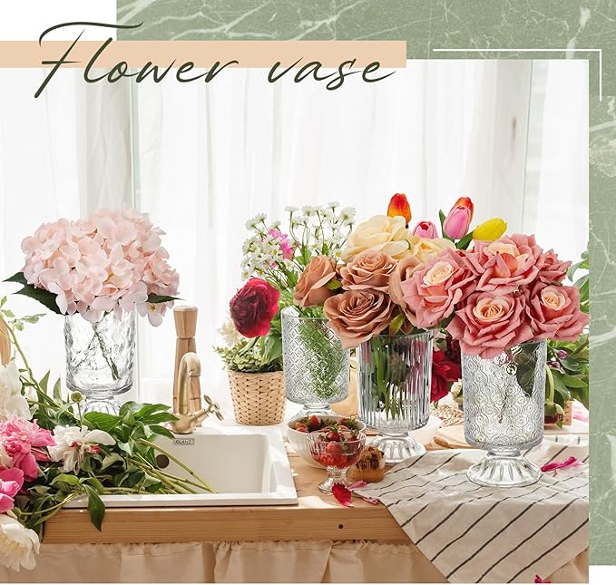 6 Pcs (H:7" W:4") Embossed Flower Vase Fall Pedestal Glass Vase Big Base Thickened Crystal Vintage Vases for Autumn Wedding Home Decor Table Centerpiece House Warming Gifts(Clear)