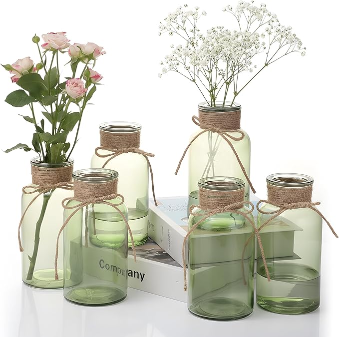 Green Glass Flower Vases for Centerpieces Set of 6, Mason Jars Boho Cylinder Bud Vases in Bulk, for Weddings Parties Vintage Home Decor