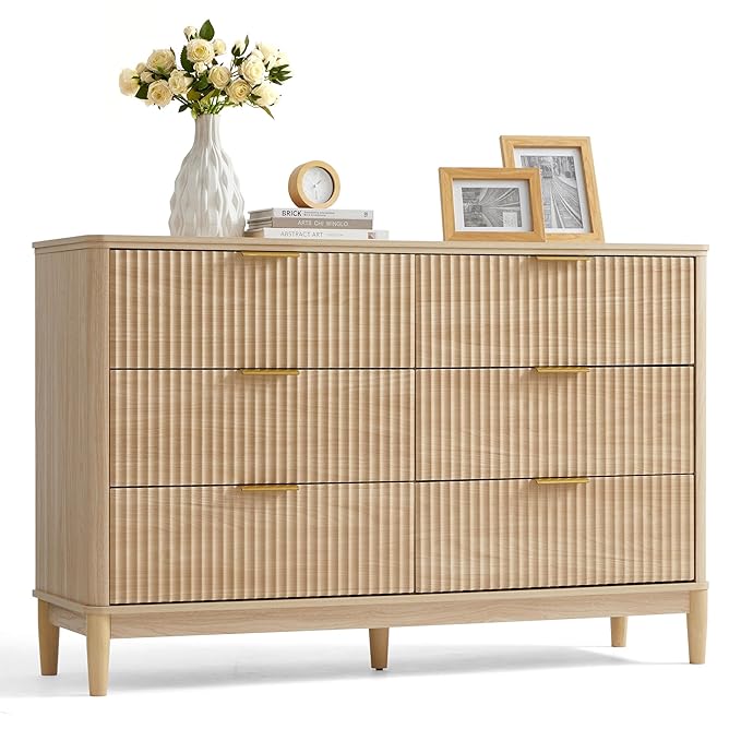 LINSY HOME Fluted Dresser for Bedroom with 6 Drawers, 54" Wide Mid Century Modern Dressers, Tall Boho Chest of Drawers, Large Wood Accent Storage Cabinet for Living Room, Curved Profile Design, Oak