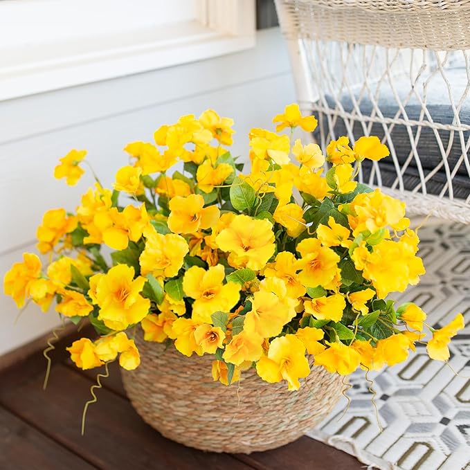 Fall Flowers Fake Flowers for Outdoors Autumn Decoration, 6 Bundles Faux Silk Hibiscus Artificial Plants Realistic UV Resistant Tropical Flowers for Outside Planter Patio, Yellow