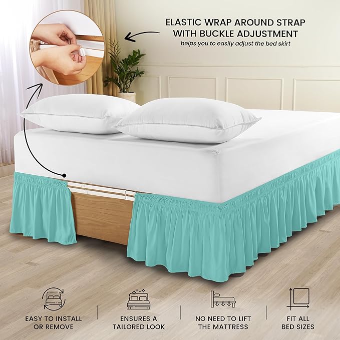 Utopia Bedding Queen Elastic Bed Ruffle - Easy Wrap Around Ruffle - Microfiber Bed Skirt with Adjustable Elastic Belt 16 Inch Tailored Drop - Hotel Quality Bedskirt, Fade Resistant (Queen, Spa Blue)