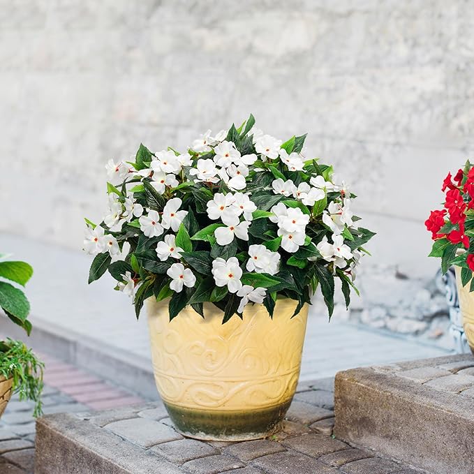 Artificial Impatiens Bouquet Flowers for Outdoors Silk Faux Flowers for Outdoor Impatiens Plants Decor Indoor Planters Kitchen Planters and Balcony Decorations 4PCS (White)