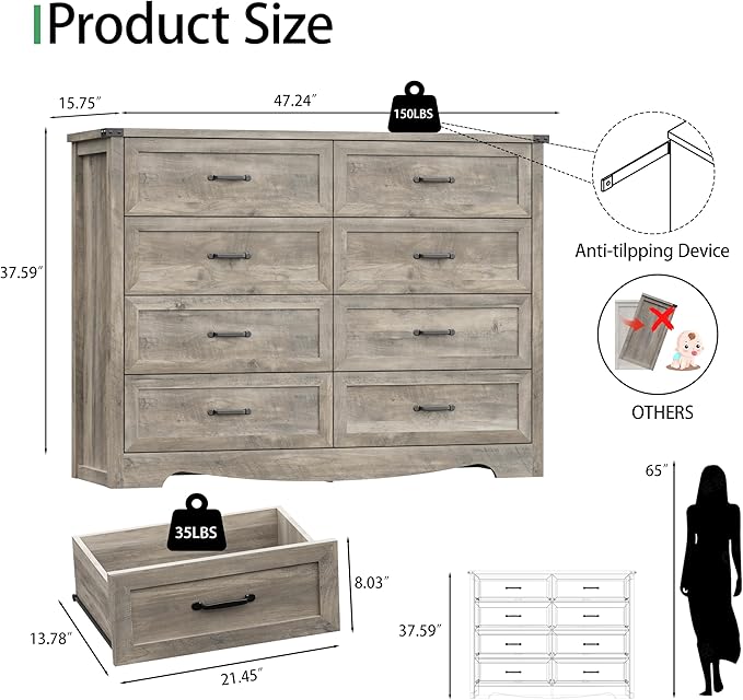 Dresser for Bedroom with 8 Drawers, 48" Wide Wood Chest of Drawers with Deep Drawers & Mental Handle, Modern Dresser TV Stand, Wooden Closet Storage Organizer for Living Room, Hallway, Entryway, Grey
