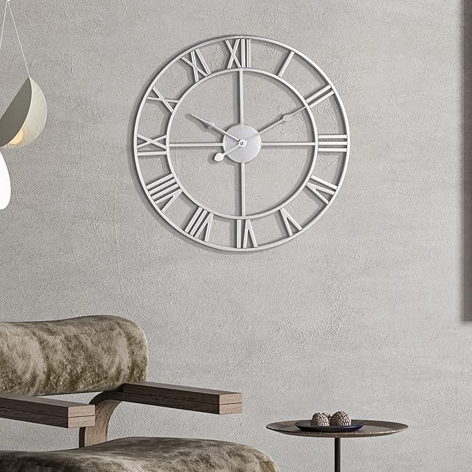LEIKE 18.5" Modern Large Wall Clocks,Vintage, Round,Silent Non Ticking,Battery Operated,Silver Metal Roman Numerals Clock for Living Room/Bedroom/Kitchen Decor